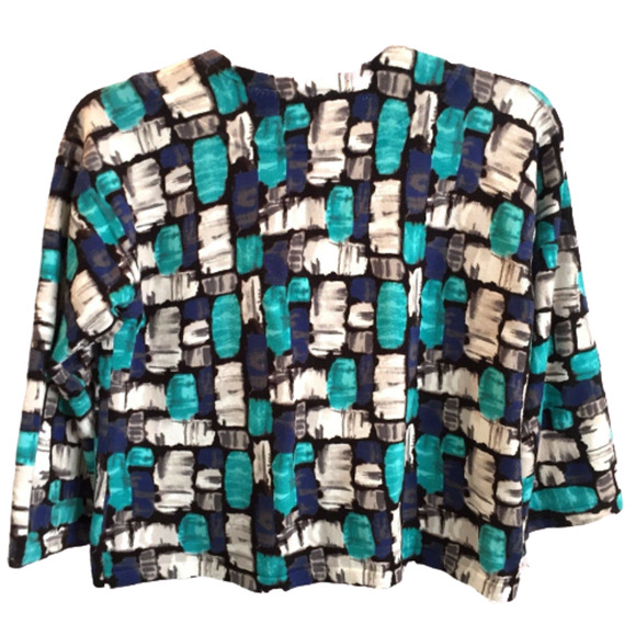 Emma James Sweater Womens Small Cropped Cardigan Blue‎ Gray Black Artsy Print - Picture 2 of 7